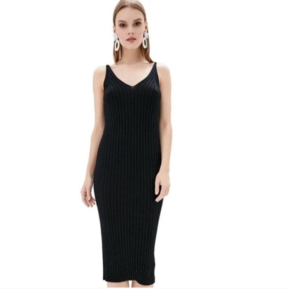 🍂 DASTI Knit Black Dress Ribbed Bodycon Midi Sweater Sleeveless V-Neck …